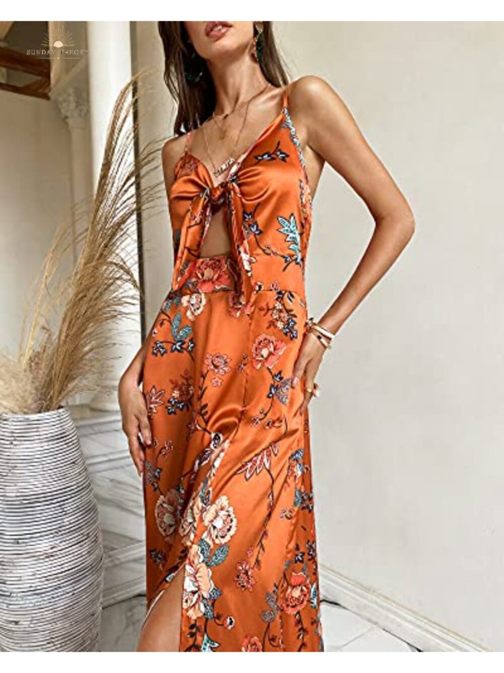 Women Satin Midi Dress Spaghetti Strap Tie Front Slit Cutout Cocktail - Picture 4 of 6